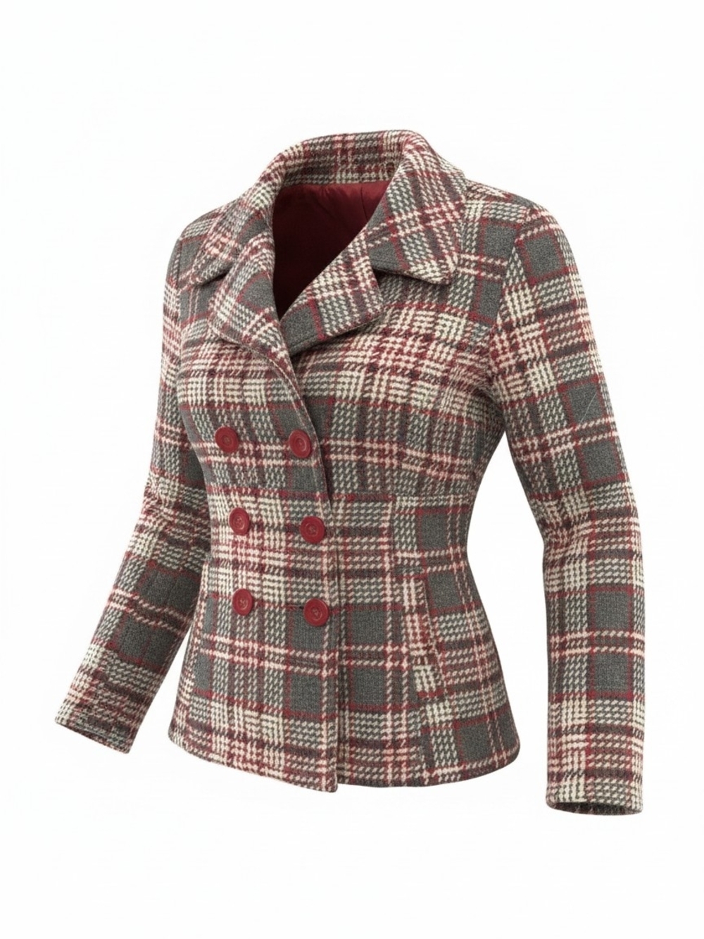 Rue21 Women's Red and Gray Plaid Double-Breasted Pea Coat